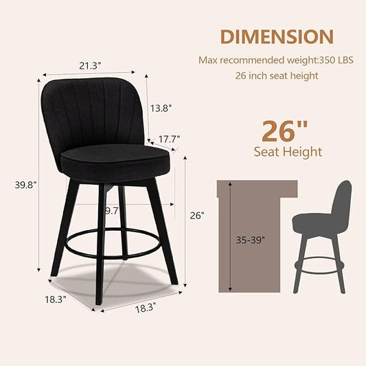 MINCETA Bar Stools Set of 2, 26 Inch Upholstered Barstools with Backrest and Footrest, Swivel Counter Height Barstools for Kitchen Island Home Bar Black