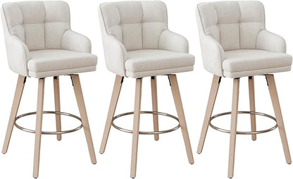 360°Swivel Counter Height Bar Stools with Back, 30 inch Solid Wood Legs, Bar Stool Modern Kitchen Island Chairs, Fabric (Beige- Fabric, 30" H- Set of 3)