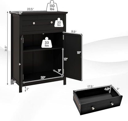 COSTWAY Bathroom Floor Cabinet, Wooden Side Storage Organizer w/Larger Drawer, Adjustable Shelf & 2-Door Cupboard, Freestanding Storage Cabinet for Living Room, Kitchen, Entryway (Black)