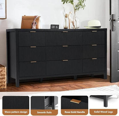 Fluted 9 Drawer TV Stand Dresser for Bedroom, Mid Century Modern Dresser with Drawers, Storage Organizer with 9 Drawers, Fluted Cabinet for Closet Cloth, Living Room, Entryway -Black