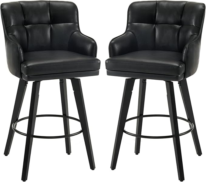 360°Swivel Counter Height Bar Stools with Back, 30 inch Solid Wood Legs, Bar Stool Modern Kitchen Island Chairs, Faux Leather (Black- Faux Leather, 30" H- Set of 2)