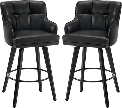 360°Swivel Counter Height Bar Stools with Back, 30 inch Solid Wood Legs, Bar Stool Modern Kitchen Island Chairs, Faux Leather (Black- Faux Leather, 30" H- Set of 2)