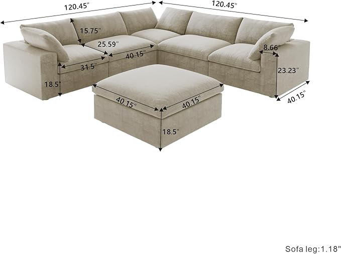 Cloud Modular Sectional Sofa for Livingroom,Large Down Filled Comfort Corner Sectional Sofa Couch with Ottoman,Wide Deep Seat Convertible Couches for Office Apartment,V Shaped,Khaki