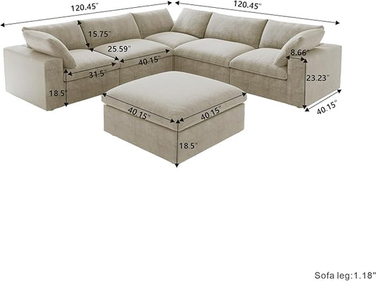 Cloud Modular Sectional Sofa for Livingroom,Large Down Filled Comfort Corner Sectional Sofa Couch with Ottoman,Wide Deep Seat Convertible Couches for Office Apartment,V Shaped,Khaki