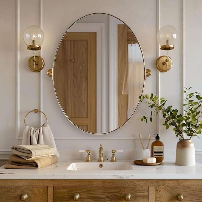ANDY STAR Gold Bathroom Mirror, 20" x 30" Tilting Vanity Oval Mirror for Wall, Brushed Gold Stainless Steel Metal Frame Pivot Mirror Hangs Vertically Wall-Mounted