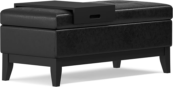 SIMPLIHOME Oregon 42 inch Wide Transitional Rectangle Storage Ottoman Bench with Tray in Distressed Black Vegan Faux Leather, Assembled, For the Living Room, Entryway and Family Room