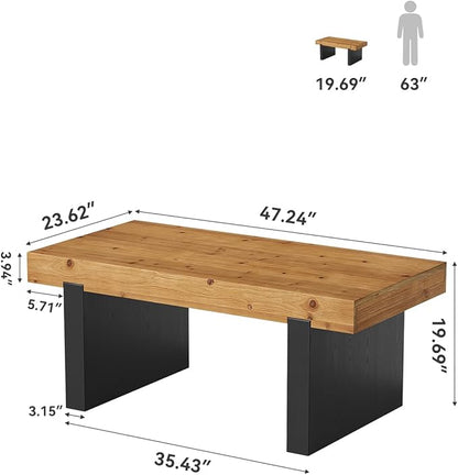 LITTLE TREE Solid Wood Coffee Table, 47.2" Center Table for Living Room, Black and Wood Two-Tone Modern Coffee Table, Rectangle Farmhouse Living Room Table for Bedroom, Easy Assembly, Rustic Natural
