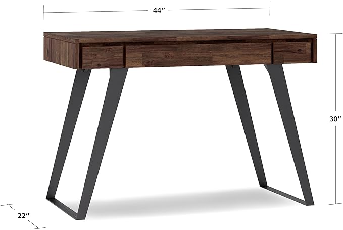 SIMPLIHOME Lowry Small Desk - 44-Inch Wide Solid Acacia Wood and Metal Writing Desk in Distressed Charcoal Brown, Modern Industrial Home Office Table with 2 Drawers and Flip-Down Keyboard Tray