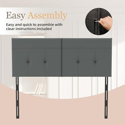 Headboard Queen Size Upholstered Faux Leather, Queen Headboard with Sturdy Metal Legs, Tufted Upholstery Design Headboards with Adjustable Width & Height (Grey)