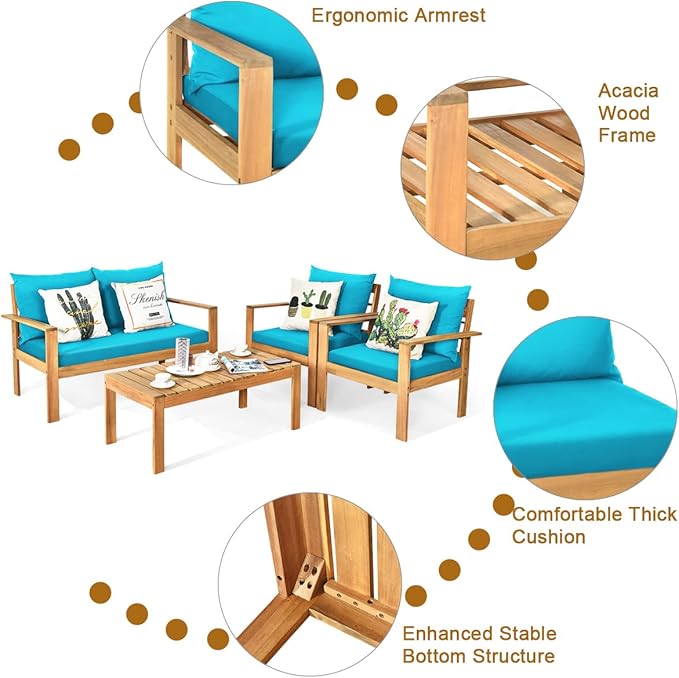 COSTWAY 4 Pieces Outdoor Acacia Wood Sofa Set, Outdoor Conversation Sofa Set with Table & Cushions Porch Chairs for Garden, Patio, Deck