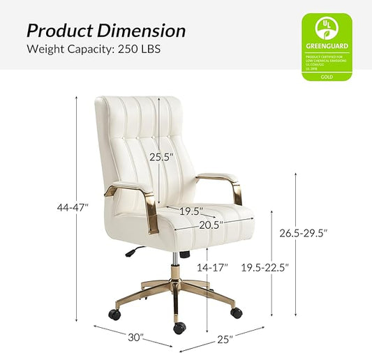 HULALA HOME Modern Executive Office Chair, Faux Leather Tufted Ergonomic Desk Chair with Gold Plated Base & Armrests, 360° Swivel Adjustable Height Tilt Home Office Chair for Work/Study