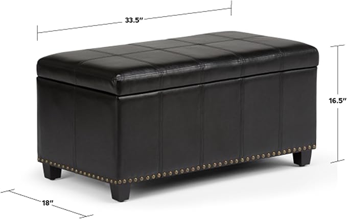 SIMPLIHOME Amelia 33 inch Wide Transitional Rectangle Storage Ottoman Bench in Midnight Black Vegan Faux Leather, Assembled, For the Living Room, Entryway and Family Room