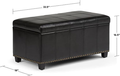 SIMPLIHOME Amelia 33 inch Wide Transitional Rectangle Storage Ottoman Bench in Midnight Black Vegan Faux Leather, Assembled, For the Living Room, Entryway and Family Room