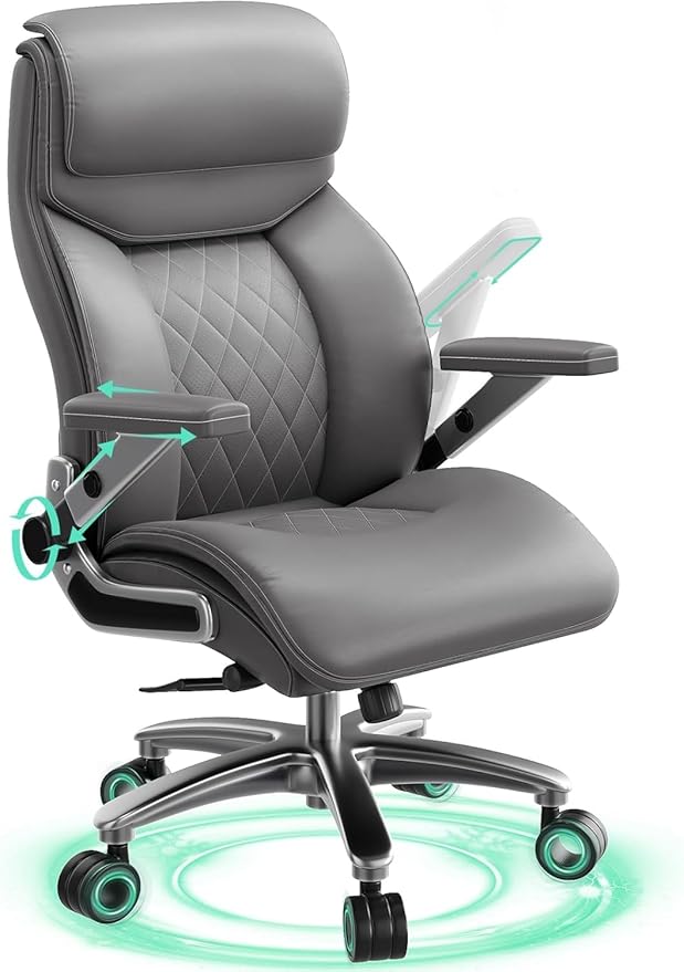 Big and Tall Office Chair with 5D Arms, 600lbs Heavy Duty Desk Chair with Adjustable Lumbar Support, PU Leather High Back Ergonomic Executive Computer Chair with 3'' Silent Casters