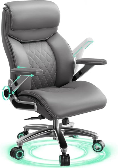 Big and Tall Office Chair with 5D Arms, 600lbs Heavy Duty Desk Chair with Adjustable Lumbar Support, PU Leather High Back Ergonomic Executive Computer Chair with 3'' Silent Casters