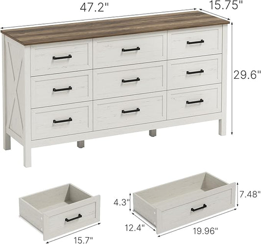LYNSOM Farmhouse 9 Drawers Dresser for Bedroom, 55" Wide Wood Rustic Chest of Drawers with Natural Texture, Metal Handle, Storage Dressers Organizer for Entryway, Hallway, Antique White