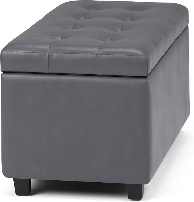 SIMPLIHOME Cosmopolitan Storage Ottoman - 34 inch Wide Upholstered Vegan Leather Rectangle Storage Ottoman Bench in Stone Grey, Transitional Tufted Ottoman for Living Room or Entryway with Lift-Up Lid