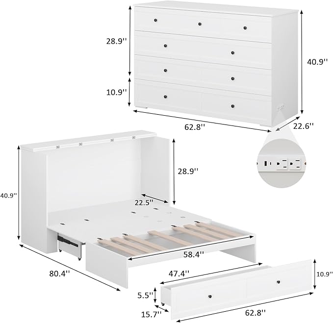 Queen Murphy Bed with Storage & Charging Station, Murphy Cabinet with Foldable Panel, Noisy Free, for Guest Bedroom, Living Room, Office, Distressed White