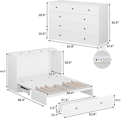 Queen Murphy Bed with Storage & Charging Station, Murphy Cabinet with Foldable Panel, Noisy Free, for Guest Bedroom, Living Room, Office, Distressed White