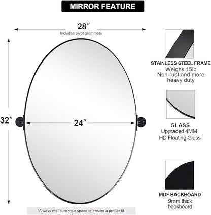 ANDY STAR Black Mirror for Bathroom, 24 x 32 Inch Oval Wall Mirror with Stainless Steel Metal Frame, Pivot Vanity Mirror Vertical Hanging for Modern Style Room