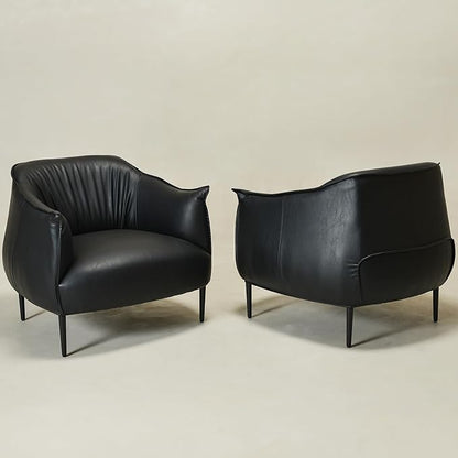 KINWELL 33" W Faux Leather Barrel Chairs Set of 2 with Hand-Tufted Pleated Back Flared Arms, Modern PU Upholstered Accent Chairs with Metal Legs, Large Armchairs Lounge Chairs for Living Room, Black