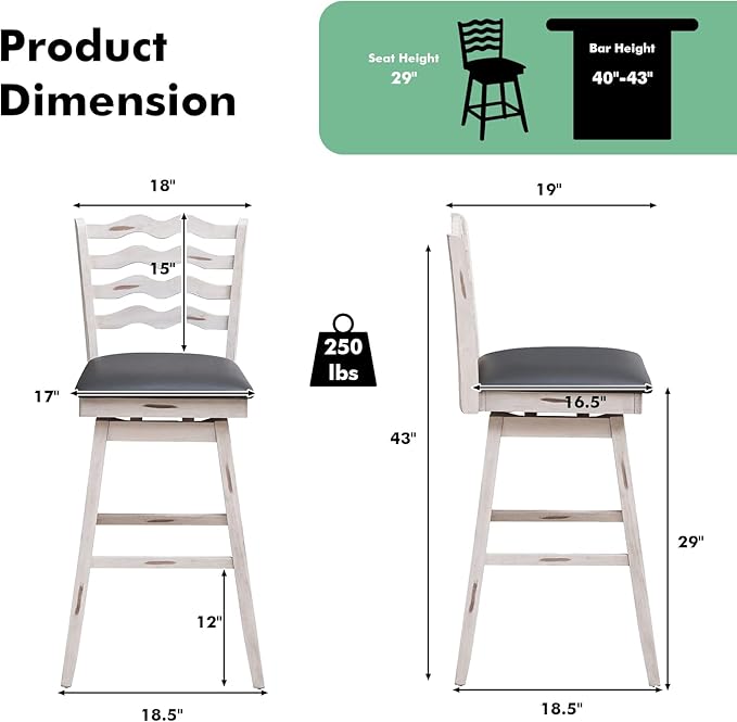 COSTWAY Bar Stools Set of 4, 29” 360° Swivel Bar Height Chairs with Rubber Wood Frame, Cushioned Seat, Ergonomic Backrest & Footrest, Wooden Upholstered Barstools for Kitchen Island (4, 29”)