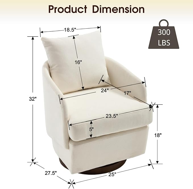 CIMOTA Swivel Accent Chairs Set of 2, Modern Barrel Armchairs with 360° Swivel Base and Pillow, Upholstered Fabric Club Chairs for Living Room/Reading/Office, Beige