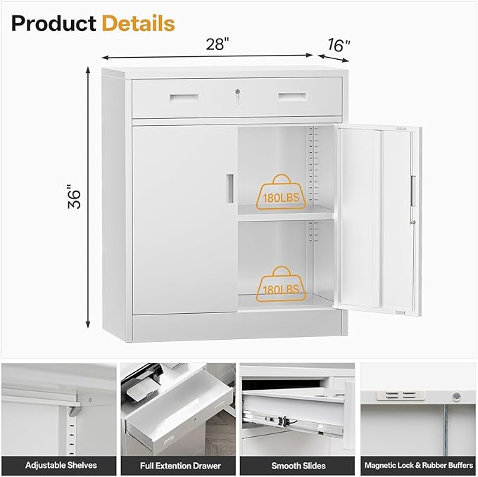 Metal Storage Cabinets with Drawer, 36”H Lockable Storage Cabinet with Doors and Adjustable Shelves, Small White Steel File Cabinet for Home, Office, Warehouse, School, Assembly Required