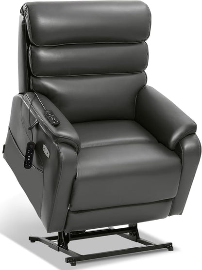 EONIX Wide Lay Flat Power Lift Recliner Chair for Elderly, Heavy Duty Oversized Breathable Faux Leather Lift Chairs Recliner Sofa with Heat and Massage and Charging Ports, Grey