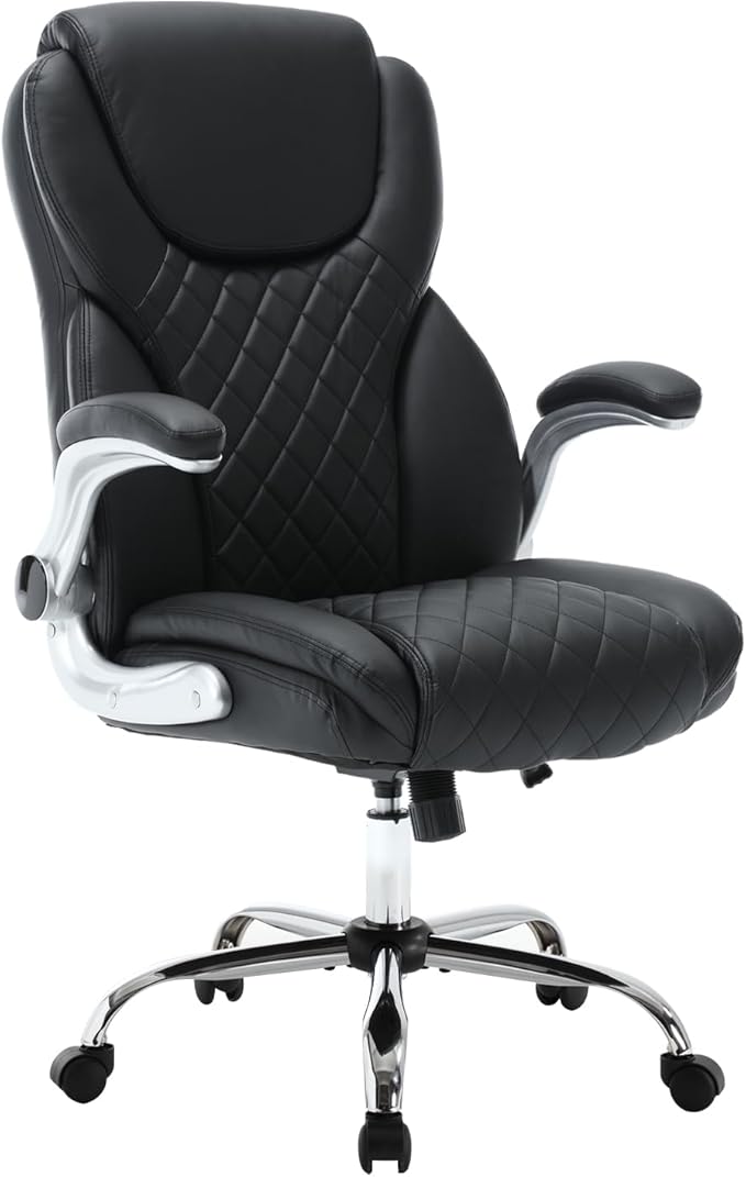 Executive Office Chair, High Back Faux Leather Ergonomic Office Desk Chairs with Wheels, 90-120° Rocking Managerial Swivel Home Computer Chairs with Flip up Arms Lumbar Support(Black)