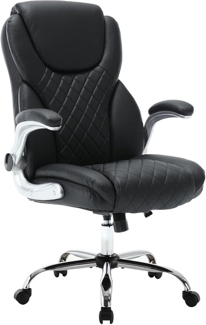 Executive Office Chair, High Back Faux Leather Ergonomic Office Desk Chairs with Wheels, 90-120° Rocking Managerial Swivel Home Computer Chairs with Flip up Arms Lumbar Support(Black)