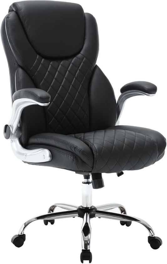 Executive Office Chair, High Back Faux Leather Ergonomic Office Desk Chairs with Wheels, 90-120° Rocking Managerial Swivel Home Computer Chairs with Flip up Arms Lumbar Support(Black)