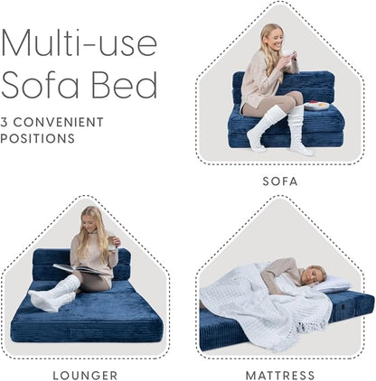 Milliard Tri Folding Sofa Mattress, 2024 Edition, Memory Foam Foldable Mattress with Ultra Soft & Washable Ribbed Fur Cover, Twin Size (Navy)
