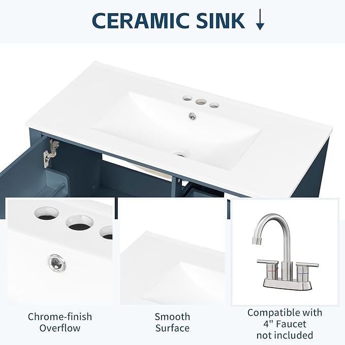 36 Inch Bathroom Vanity with Sink Set, Undermount Vanity Sink Cabinet with 3 Drawers and Door Storage, Soft Closing Door, Wood Frame, Blue Gray