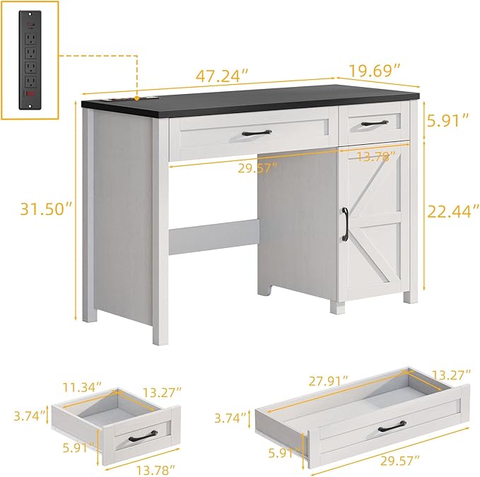 Farmhouse 47" Executive Desk, Computer Desk with Drawers and Storage Cabinet, Workstation Computer Desk for Home Office and Study(Black