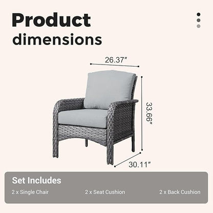 2 Pieces Wicker Patio Chairs - Outdoor Rattan Chairs Set of 2,All-Weather PE Wicker Dining Chair Set with High Back and Deep Seating for Deck Porch,Grey