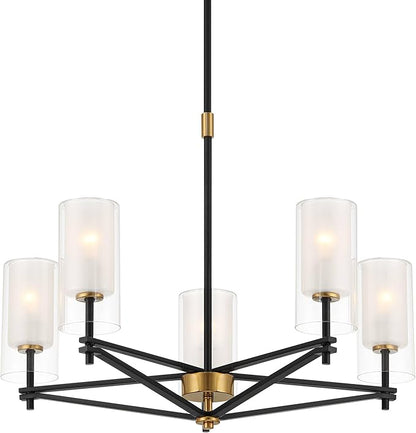 Possini Euro Design Nyack 25" Modern Pendant Chandelier Ceiling Light Fixture Dining Room Over Table Kitchen Island Foyer Open Frame Hanging 5-Light Black Gold Finish White Glass Hallway Entryway
