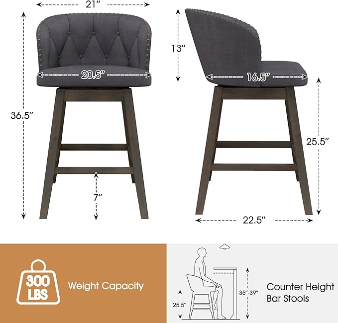 COSTWAY Counter Height Bar Stools Set of 2, Fabric Upholstered Island Stools with 360° Swivel Seat & Button-Tufted Back, Modern Pub Stools with Solid Rubber Wood Frame (Grey,2)