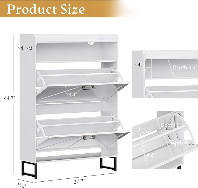 Shoe Storage Cabinet with 2 Flip Drawers, Narrow Wood Shoe Cabinet Storage for Entryway with Metal Legs & Hooks, Adjustable Shelves, Freestanding Shoe Rack Organizer for Foyer, Hallway, White