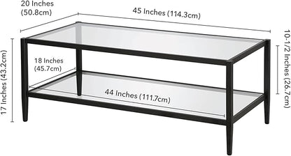 Henn&Hart 45" Wide Rectangular Coffee Table with Glass Shelf in Blackened Bronze, Modern coffee tables for living room, studio apartment essentials