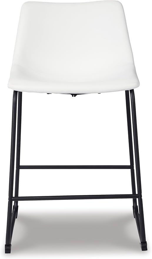 Signature Design by Ashley Centiar Casual Bucket Seat Dining Upholstered Bar Stool with Black Metal Base, Set of 2, Faux Leather, 23.75" Seat Height, White