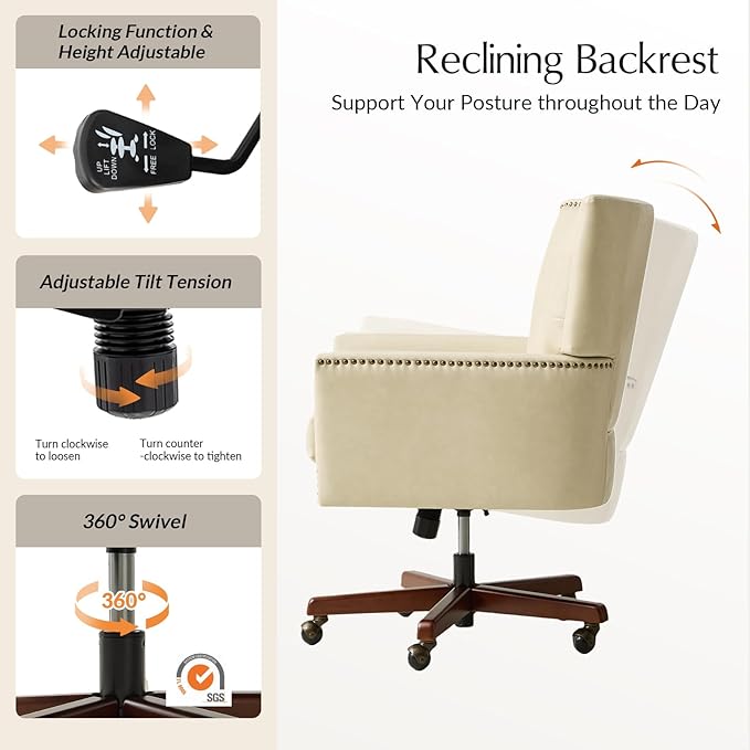 HULALA HOME Modern Home Office Chair with Tilt Lock & Metal Base, Desk Chair with 360° Swivel & Tilt Function, Height Adjustable, Wide Seat Computer Task Chair with Wheels & Padded Cushion, Beige