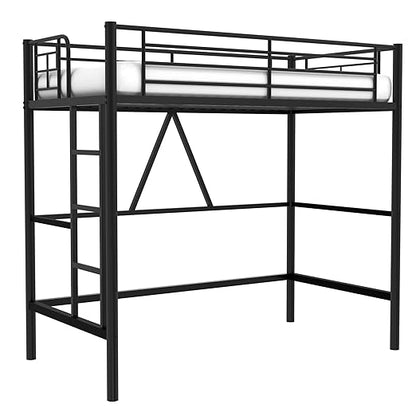 VECELO Metal Loft Bed Twin Size, Heavy Duty Bedframe with Removable Ladder and Safety Guardrail, Space-Saving, Noise Free, No Box Spring Needed, Matte Black