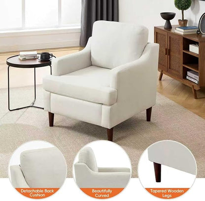 Mid-Century Accent Chair Modern Linen Fabric Armchair for Living Room,Deep Seat Comfy Upholstered Reading Chairs for Bedroom,Single Sofa Chair with Wood Legs (Linen Beige, Set of 2)