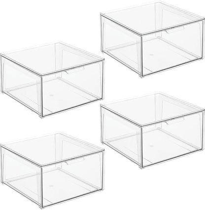 mDesign Plastic Stackable Closet Storage Organizer Bin Containers with Front Pull Drawer for Cabinet, Desk, Shelf, Cupboard, or Dresser Organization - Lumiere Collection - 4 Pack - Clear