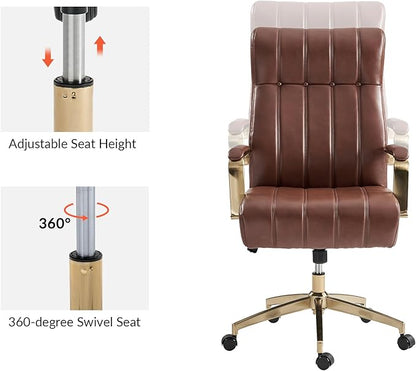 HULALA HOME Modern Executive Office Chair, Faux Leather Tufted Ergonomic Desk Chair with Gold Plated Base & Armrests, 360° Swivel Adjustable Height Tilt Home Office Chair for Work/Study