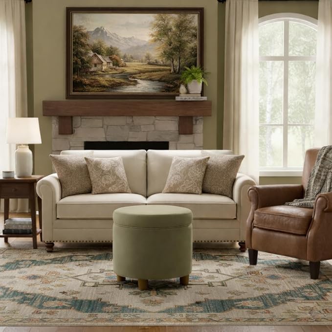 HomePop Home Decor | Upholstered Round Storage Ottoman | Ottoman with Storage for Living Room & Bedroom, Light Sage Green Velvet Large