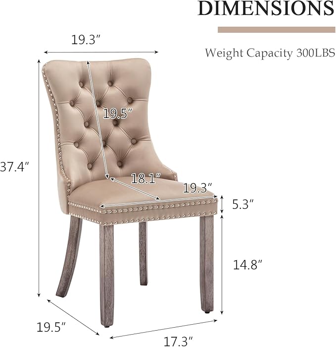 Velvet Dining Chairs Set of 2, Upholstered Dining Room Chairs with Nailhead Ring Pull Trim, Button Tufted Wing Back Chairs for Dining with Solid Wood Legs for Kitchen Dining Room(Khaki)