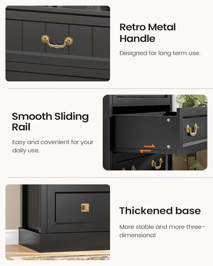 AOGLLATI Farmhouse 5 Drawers Dresser for Bedroom, 48” Tall Wood Rustic Chest of Drawers with Natural Texture, Vintage Design, Black Storage Dresser for Bedroom, Black