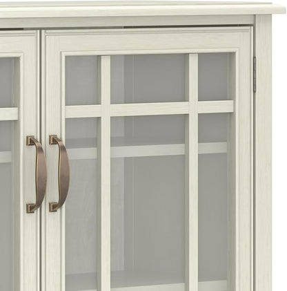 SIMPLIHOME Connaught SOLID WOOD 46 inch Wide Traditional Tall Storage Cabinet in Antique White for the Living Room, Entryway and Family Room